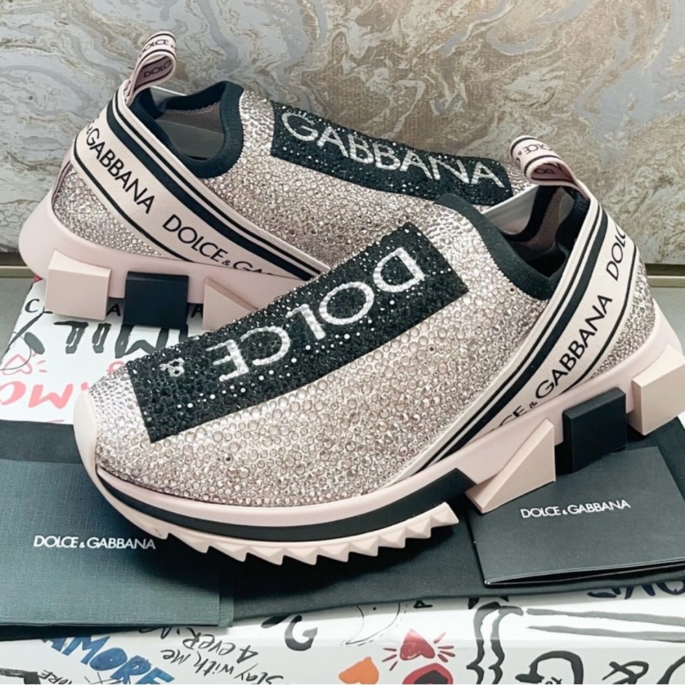 Dolce & Gabbana Pink Crystal Logo Slip-On Sneakers